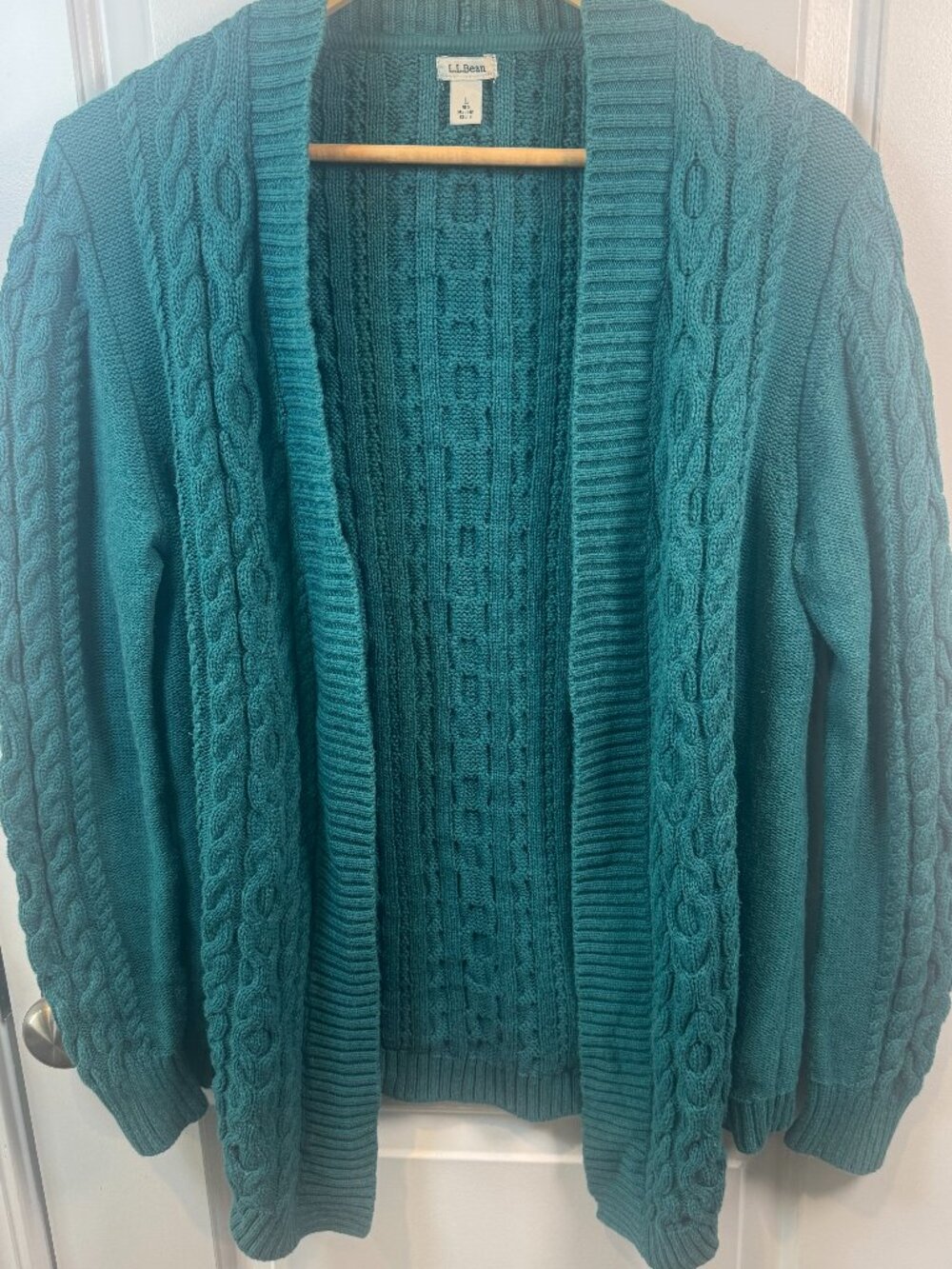 LL Bean Double L Teal Blue 100% Cotton Cable Knit Open Front Cardigan Large